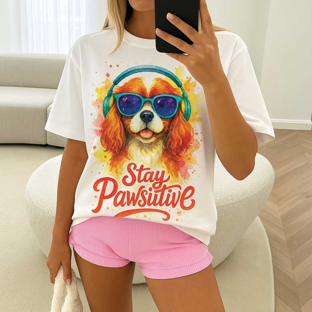 Stay Pawsitive – Unisex OVERSIZED тениска с кавалер шпаньол и сладък артистичен стил