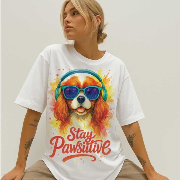 Stay Pawsitive – Unisex OVERSIZED тениска с кавалер шпаньол и сладък артистичен стил - Image 4