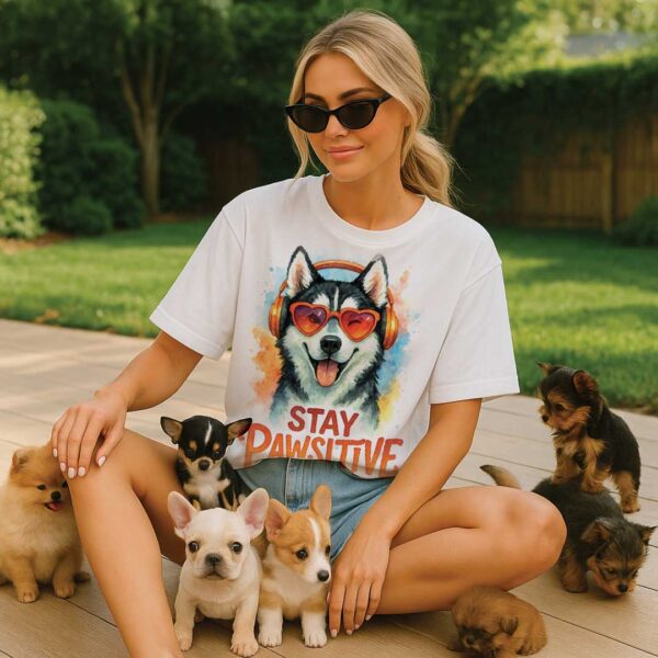 Stay Pawsitive – Unisex OVERSIZED тениска с хъски и сърцати очила - Image 6