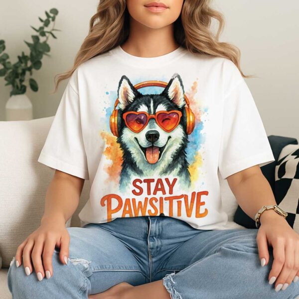 Stay Pawsitive – Unisex OVERSIZED тениска с хъски и сърцати очила - Image 7