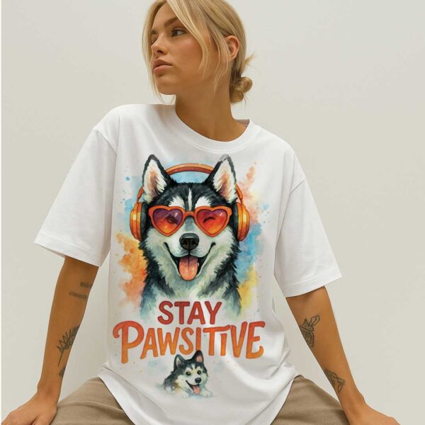Stay Pawsitive – Unisex OVERSIZED тениска с хъски и сърцати очила - Image 3