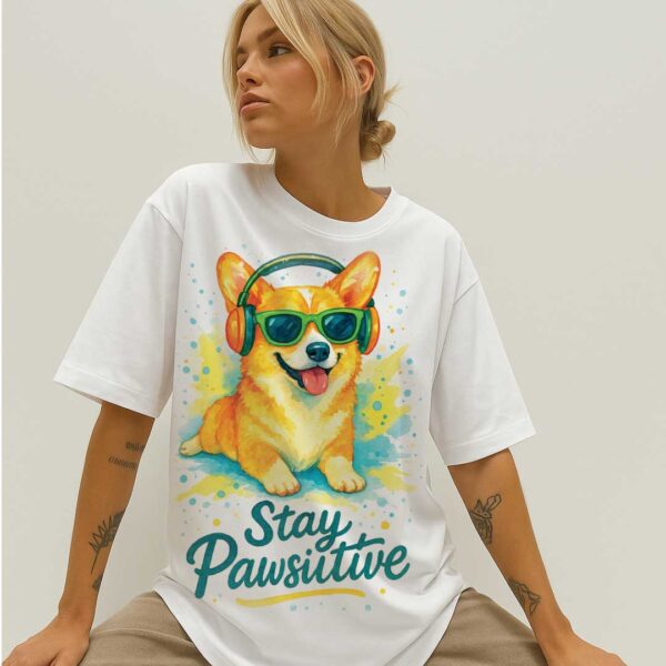 Stay Pawsitive – Unisex OVERSIZED тениска с корги и слънчев вайб - Image 9