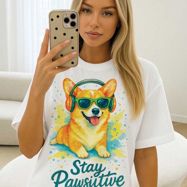 Stay Pawsitive – Unisex OVERSIZED тениска с корги и слънчев вайб - Image 8