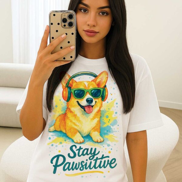 Stay Pawsitive – Unisex OVERSIZED тениска с корги и слънчев вайб - Image 7