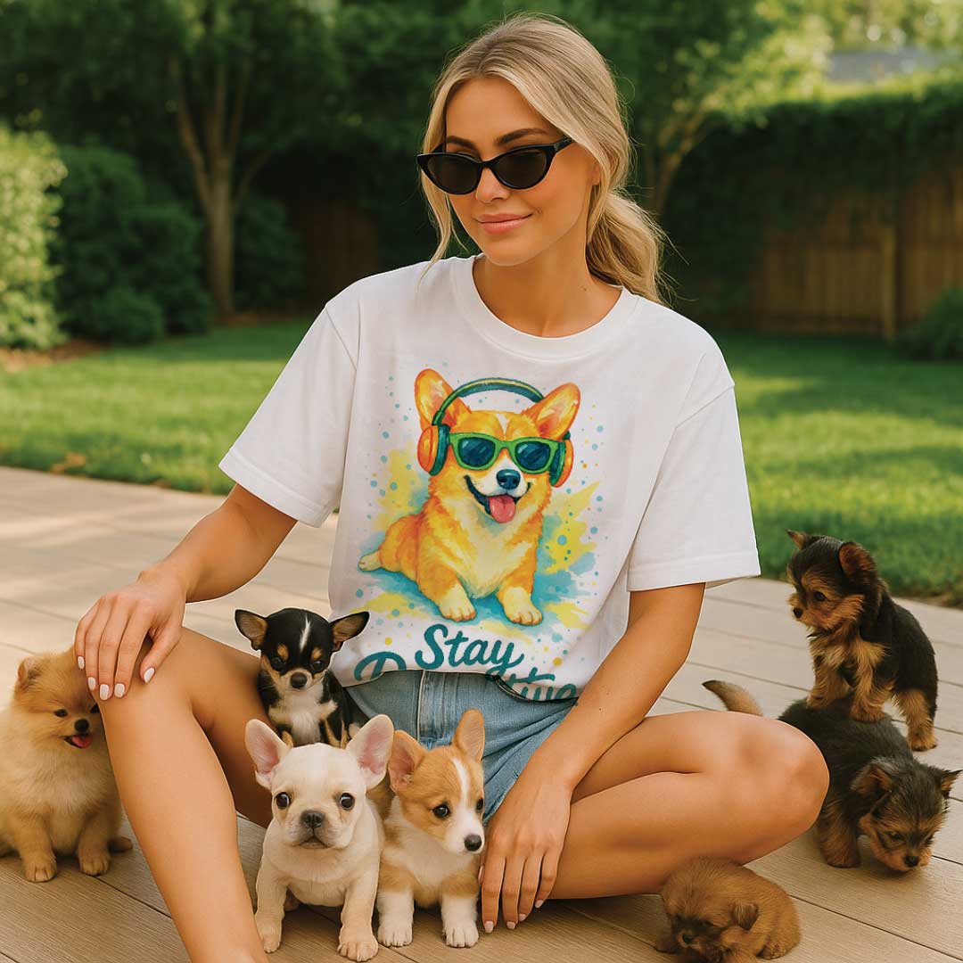 Stay Pawsitive – Unisex OVERSIZED тениска с корги и слънчев вайб