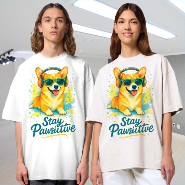 Stay Pawsitive – Unisex OVERSIZED тениска с корги и слънчев вайб - Image 4