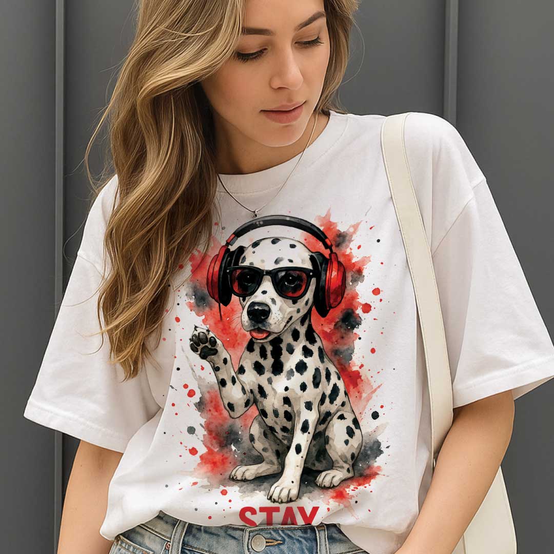 Stay Pawsitive – Oversized тениска с далматинец в червено и черно