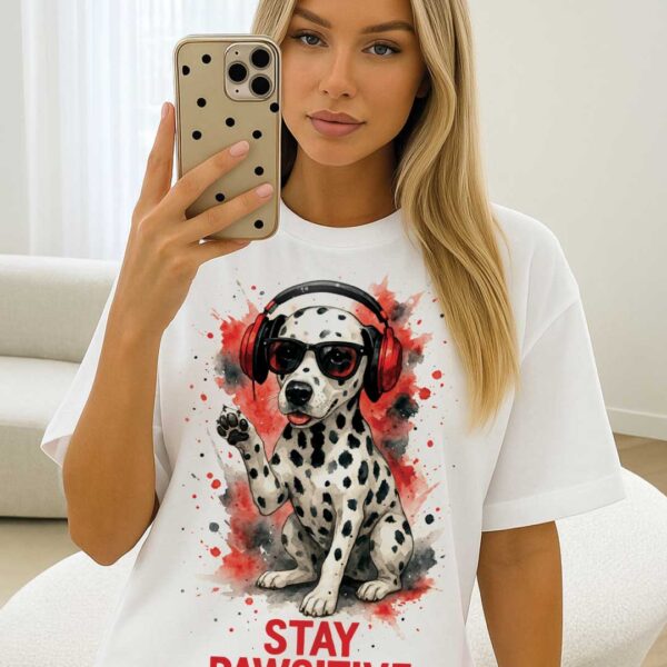 Stay Pawsitive – Oversized тениска с далматинец в червено и черно - Image 4