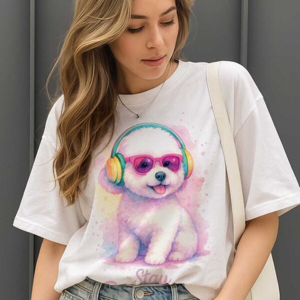 Stay Pawsitive – Oversized тениска с бяло кученце в розово-пастелни цветове - Image 4