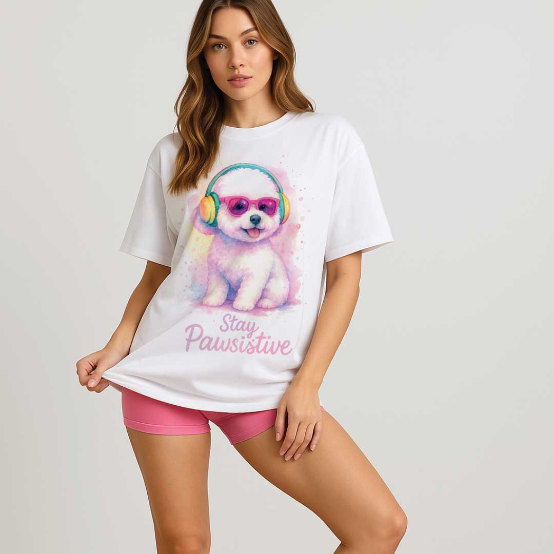 Stay Pawsitive – Oversized тениска с бяло кученце в розово-пастелни цветове