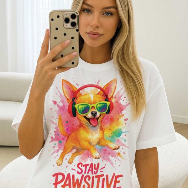 Stay Pawsitive – Цветна Unisex OVERSIZED Тениска тениска с чихуахуа - Image 7