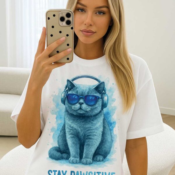 Stay Pawsitive – Unisex OVERSIZED тениска с британска синя котка - Image 7