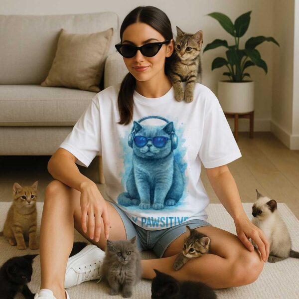 Stay Pawsitive – Unisex OVERSIZED тениска с британска синя котка - Image 4