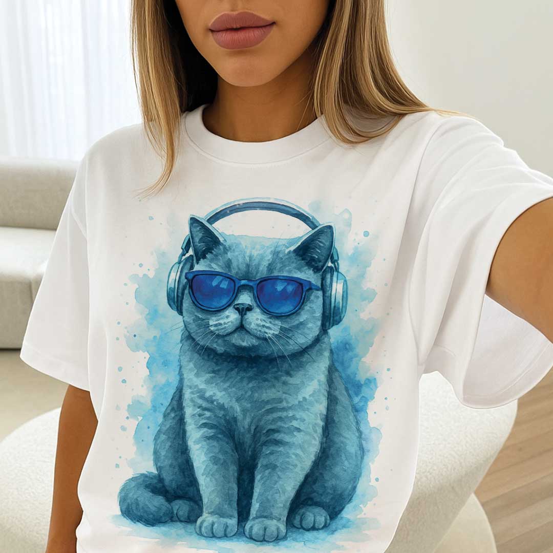 Stay Pawsitive – Unisex OVERSIZED тениска с британска синя котка