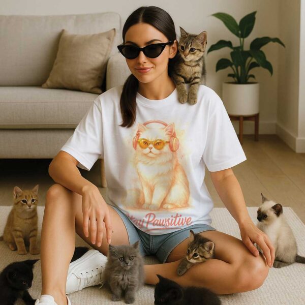 Stay Pawsitive – Unisex OVERSIZED тениска с персийска котка в пастелни тонове - Image 5