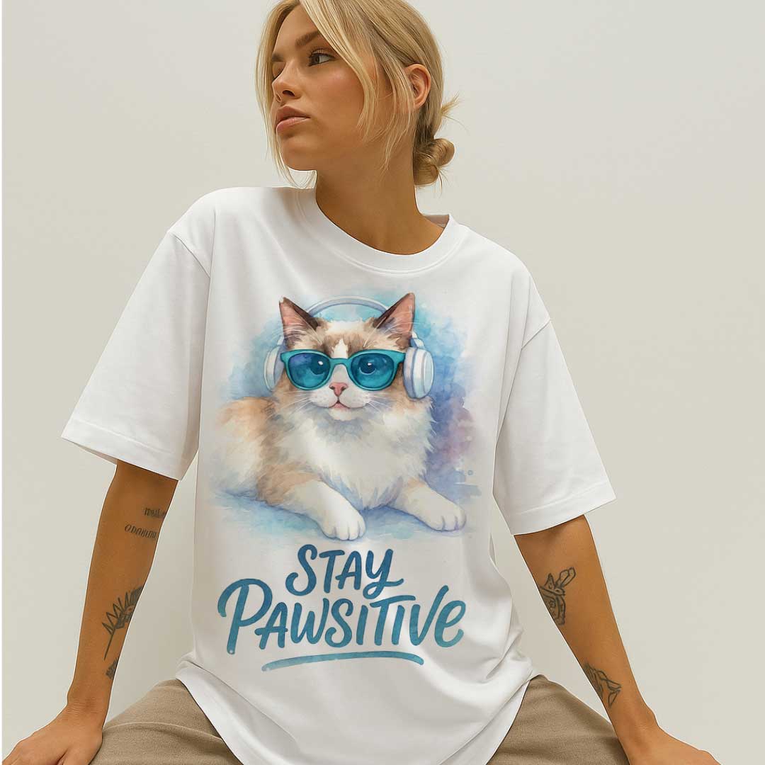 Stay Pawsitive – Unisex OVERSIZED тениска с рагдол котка в сини нюанси