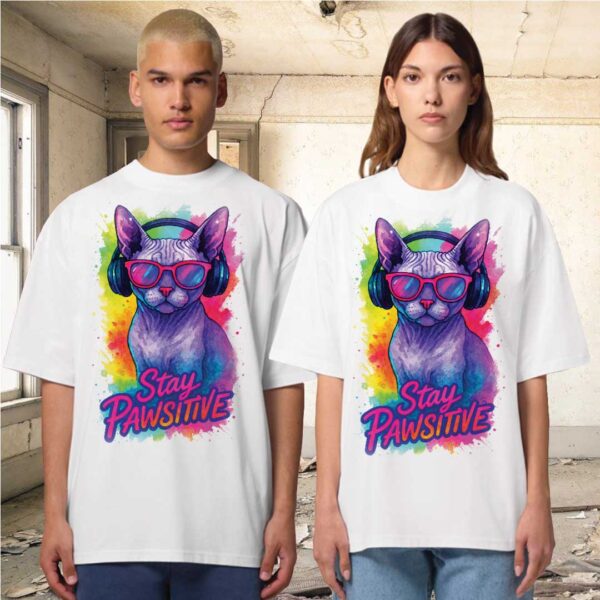 Stay Pawsitive – Unisex OVERSIZED тениска със сфинкс котка в неонови цветове - Image 11