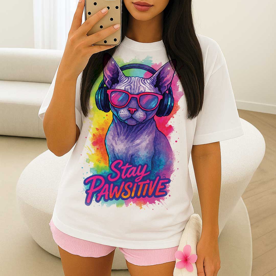 Stay Pawsitive – Unisex OVERSIZED тениска със сфинкс котка в неонови цветове