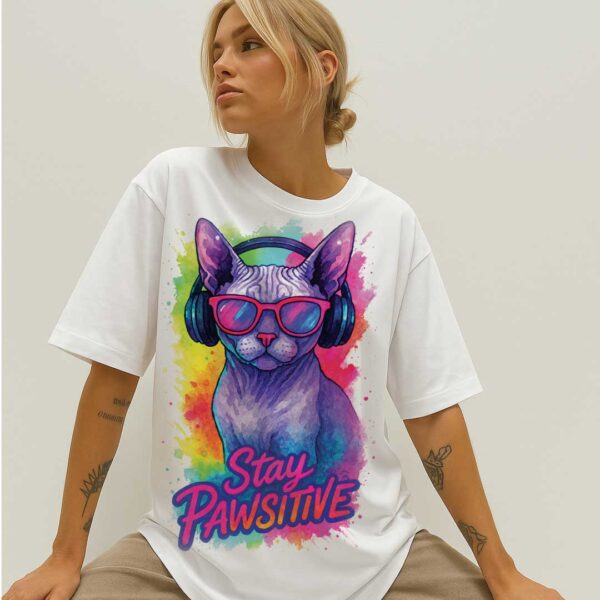 Stay Pawsitive – Unisex OVERSIZED тениска със сфинкс котка в неонови цветове - Image 10