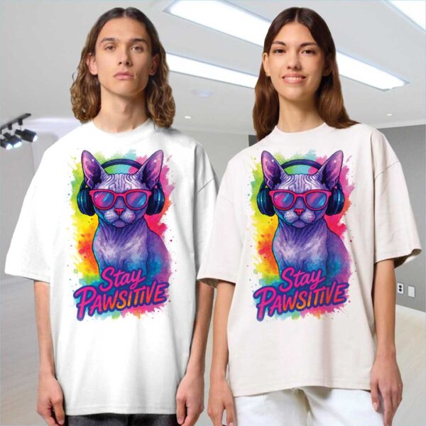 Stay Pawsitive – Unisex OVERSIZED тениска със сфинкс котка в неонови цветове - Image 9