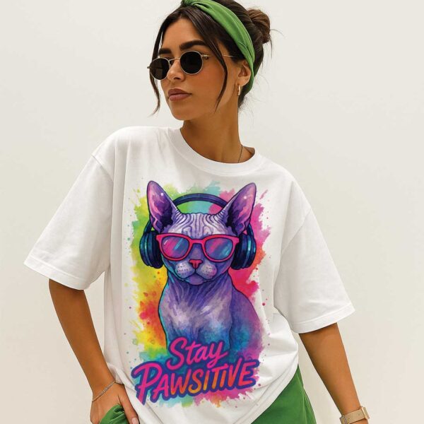 Stay Pawsitive – Unisex OVERSIZED тениска със сфинкс котка в неонови цветове - Image 3