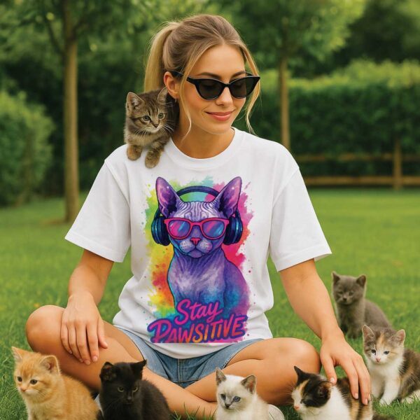Stay Pawsitive – Unisex OVERSIZED тениска със сфинкс котка в неонови цветове - Image 6