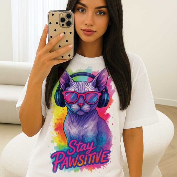 Stay Pawsitive – Unisex OVERSIZED тениска със сфинкс котка в неонови цветове - Image 4
