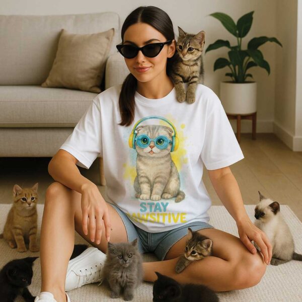 Stay Pawsitive – Unisex OVERSIZED тениска със сладко сиво коте и цветни слушалки - Image 10