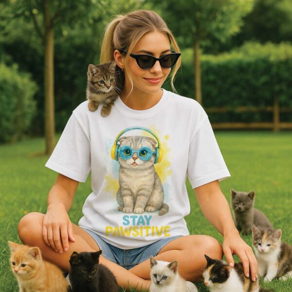 Stay Pawsitive – Unisex OVERSIZED тениска със сладко сиво коте и цветни слушалки - Image 3