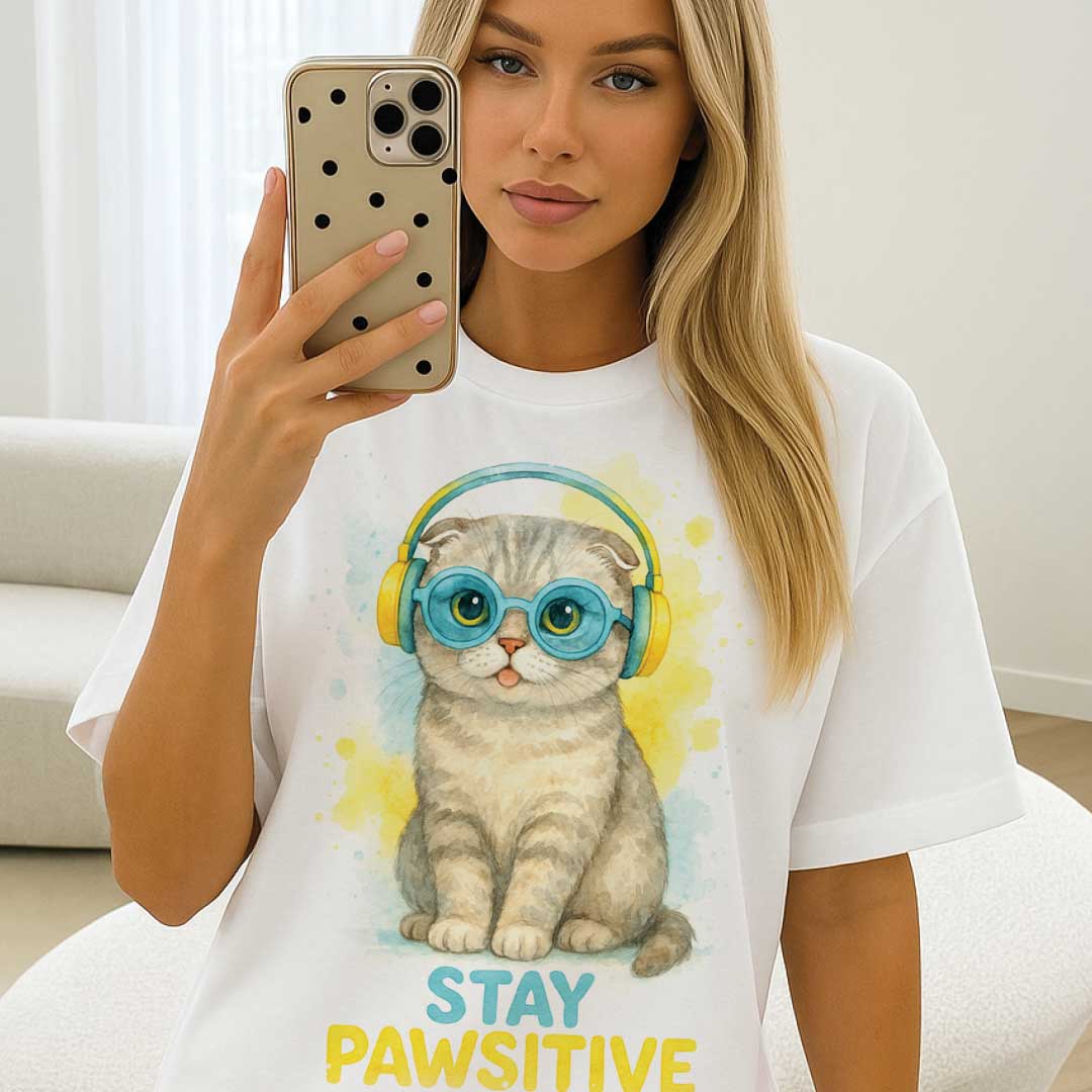 Stay Pawsitive – Unisex OVERSIZED тениска със сладко сиво коте и цветни слушалки