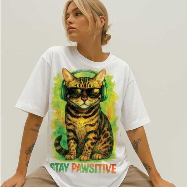 Stay Pawsitive – Unisex OVERSIZED тениска с леопардово коте и зелени слушалки - Image 11