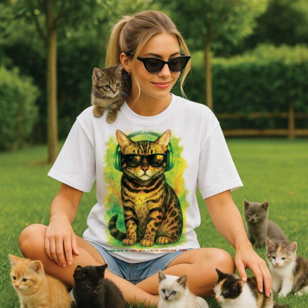 Stay Pawsitive – Unisex OVERSIZED тениска с леопардово коте и зелени слушалки - Image 4