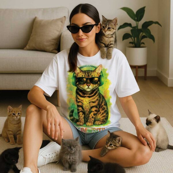 Stay Pawsitive – Unisex OVERSIZED тениска с леопардово коте и зелени слушалки - Image 3
