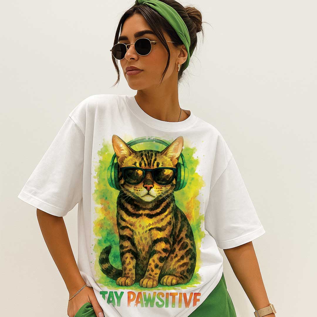 Stay Pawsitive – Unisex OVERSIZED тениска с леопардово коте и зелени слушалки