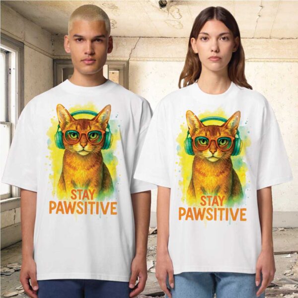 Unisex OVERSIZED тениска с абисинска котка и слушалки – Stay Pawsitive - Image 9