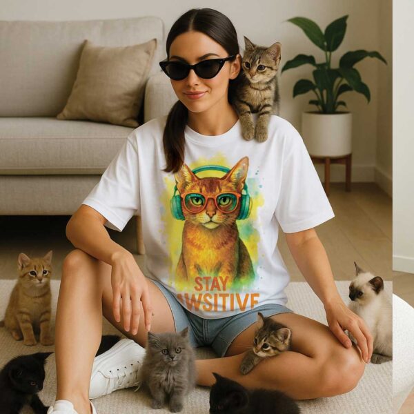Unisex OVERSIZED тениска с абисинска котка и слушалки – Stay Pawsitive - Image 8