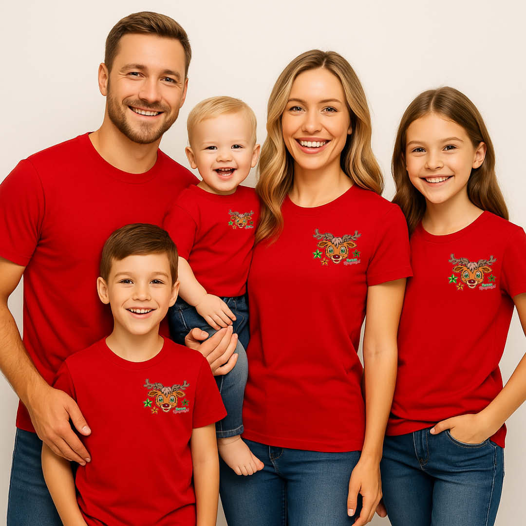 Коледна тениска с еленчето Рудолф – червена, за семейства и компании - Image 5
