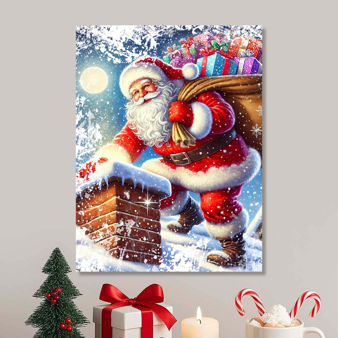 Коледна картина върху канава Дядо Коледа с подаръци