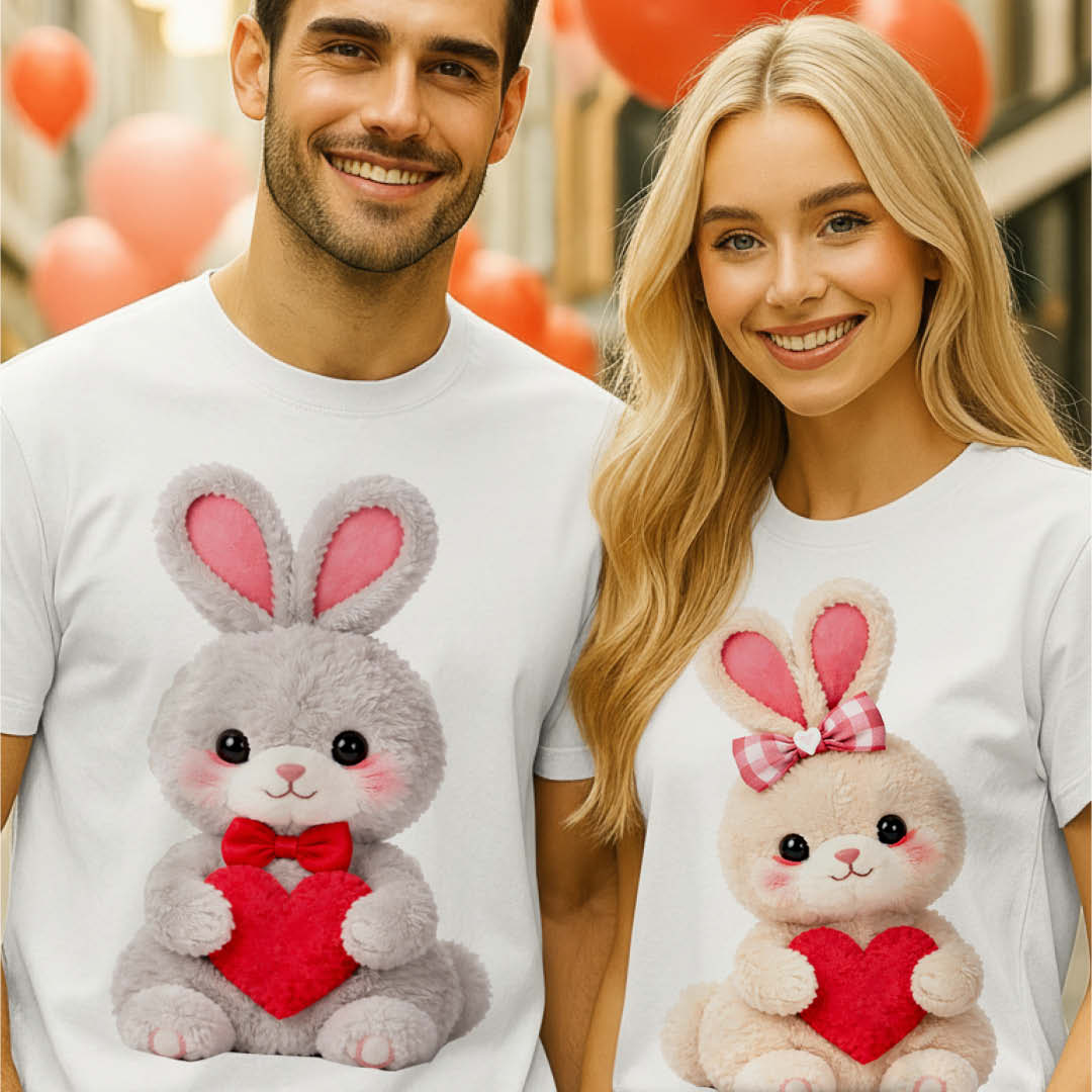 Комплект тениски за влюбени – плюшени зайчета
